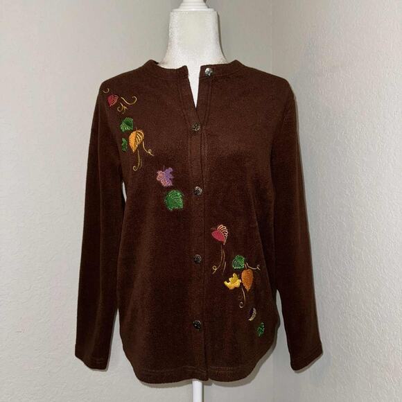Chicos Cardigan Sweater Womens Small Brown Embroidered Leaf Button Front Teacher - Picture 2 of 9